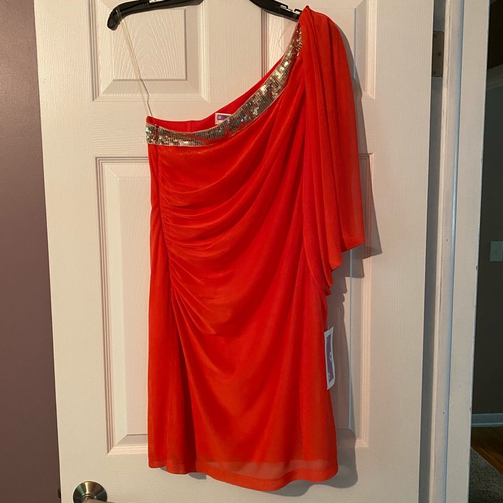 Orange, one-shoulder dress